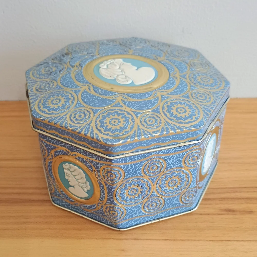 Vintage Octagon Embossed Cameo Drop Candy Tin England Blue White Gold